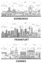 Outline Frankfurt Germany, Cannes France and Edinburgh Scotland City Skyline set with Modern and Historic Buildings Isolated on