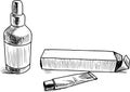 Outline freehand drawing of tube with ointment and cardboard packaging and bottle of dispenser with drug solution