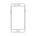 Outline front view smartphone with power and menu buttons, camera and empty screen on white background. Outline smartphone vector