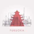 Outline Fukuoka skyline with landmarks.