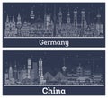 Outline Germany and China City Skyline Set with White Buildings