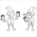 Outline gift box christmass character elf quality check process retro lineart vector design illustration
