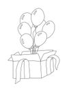 The outline of a gift box with five balloons