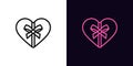 Outline gift box icon, with editable stroke. Heart shaped present with bow knot, romantic surprise pictogram. Love gift box