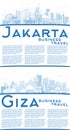 Outline Giza Egypt and Jakarta Indonesia City Skylines Set with Blue Buildings and Copy Space Royalty Free Stock Photo