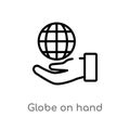 outline globe on hand vector icon. isolated black simple line element illustration from ecology concept. editable vector stroke