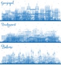 Outline Guayaquil Ecuador, Bekasi Indonesia and Bridgeport Connecticut City Skyline with Blue Buildings