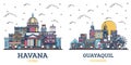 Outline Guayaquil Ecuador and Havana Cuba City Skyline Set