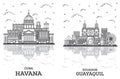 Outline Guayaquil Ecuador and Havana Cuba City Skyline Set Royalty Free Stock Photo
