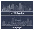 Outline Guayaquil Ecuador and San Salvador Skyline set with White Buildings. Illustration. Business Travel and Tourism Concept