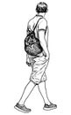 Outline hand drawing of casual citizen pedestrian with backpack walking outdoors alone on summer day, vector illustration isolated