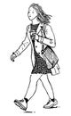 Outline hand drawing of modern city girl with coffee cup walking outdoors