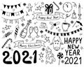 Outline hand drawn doodle set of objects and symbols on the New Year and Christmas theme. Vector illustration Royalty Free Stock Photo