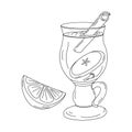 Outline hand drawn of a glass cup with mulled wine, cinnamon stick, apple and lemon slices. Vector Royalty Free Stock Photo