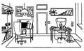 Outline hand drawn illustration of a cartoon studio office with illustrator and voice actor workplace. Vector interior