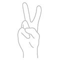 Outline hand gesture two fingers up. Peace victory sign. Silhouette black linear contour on a white background