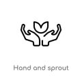 outline hand and sprout vector icon. isolated black simple line element illustration from user interface concept. editable vector Royalty Free Stock Photo