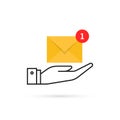 outline hand with yellow email icon