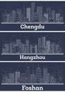 Outline Hangzhou, Chengdu and Foshan China City Skylines with White Buildings