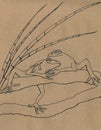 Outline of a happy couple hugging frogs on a background of kraft paper