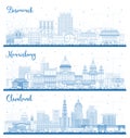 Outline Harrisburg Pennsylvania, Cleveland Ohio and Bismarck North Dakota City Skyline Set with Blue Buildings Royalty Free Stock Photo