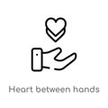 outline heart between hands vector icon. isolated black simple line element illustration from general concept. editable vector Royalty Free Stock Photo