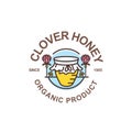 Outline honey pot logo. Round label, emblem or sticker with linear jar and clover flowers.