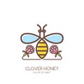 Outline honeybee logo, emblem or icon. Linear bee and clover flowers isolated
