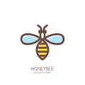 Outline honeybee logo, emblem or icon. Linear bee isolated on white background.