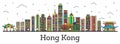 Outline Hong Kong China City Skyline with Color Buildings Isolated on White.