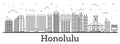 Outline Honolulu Hawaii City Skyline with Modern Buildings Isolated on White.