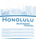 Outline Honolulu Hawaii skyline with blue buildings and copy spa