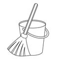 Outline icon besom with stick and pail with handle. Silhouette broom and bucket simple line vector template. Linear