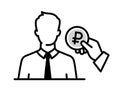 Outline icon of a businessman and a coin with a ruble sign. Investments and loans. Lend cash. The need for money. Vector.