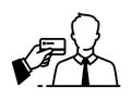 Outline icon of businessman and debit card. Investments and loans. To lend, bank transfer