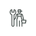 Outline Icon Man in Overalls With a Wrench and a Box of Tools. Such Line sign as Car Mechanic Services Plumber, Plumbing