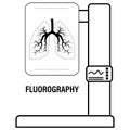 Outline icon of medical apparatus for fluorography isolated on white. Schematic lungs at place of application and control panel.