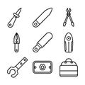 Outline icon set featuring assorted tools and hardware items Royalty Free Stock Photo
