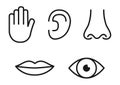 Outline icon set of five human senses: vision eye, smell nose, hearing ear, touch hand, taste mouth with tongue Royalty Free Stock Photo