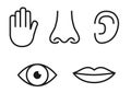 Outline icon set of five human senses: vision eye, smell nose, hearing ear, touch hand, taste mouth with tongue Royalty Free Stock Photo