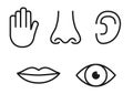 Outline icon set of five human senses: vision eye, smell nose, hearing ear, touch hand, taste mouth with tongue Royalty Free Stock Photo