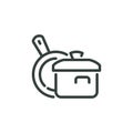 Outline Icon Stock Pot and Pan, Frying Pan and Saucepan With Lid. Such Line Sign as Kitchenware, Cooking Utensils