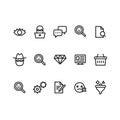 Outline icon symbols set. Contains icon eye, chat cloud, magnifier, man with hat and glasses, consumer basket, setting