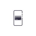 Outline icon of vector smartphone with credit plastic card. Electronic comerce mobile screen concept line illustration