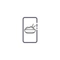 Outline icon of vector smartphone with ramen bowl noodles and chopstick. Asian restaurant food logo. Spaghetti illustration sign