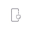 Outline icon of vector smartphone with shield shape. Protection and safety call mobile screen concept line illustration