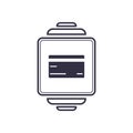 Outline icon of vector smartwatch with credit plastic card. Electronic comerce mobile screen concept line illustration