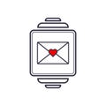 Outline icon of vector smartwatch with letter mail envelope and heart shape. Message notification. Friendship call device screen Royalty Free Stock Photo