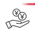 Outline icon of yen coins falling in hand. Hand and coins dropping web pictograph. Japanese yen coin and a palm. Royalty Free Stock Photo