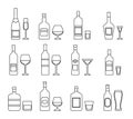 Outline icons of alcohol bottles beverages and glasses. Vector i